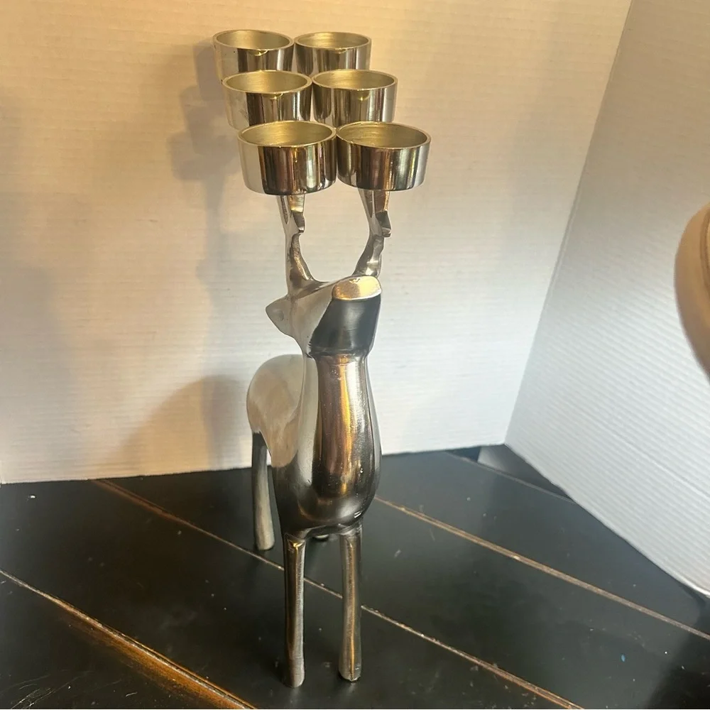 RESTORATION HARDWARE Christmas Silver Reindeer Candle Votive 6 Holder Heavy